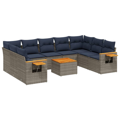 10-delige Loungeset met kussens poly rattan grijs