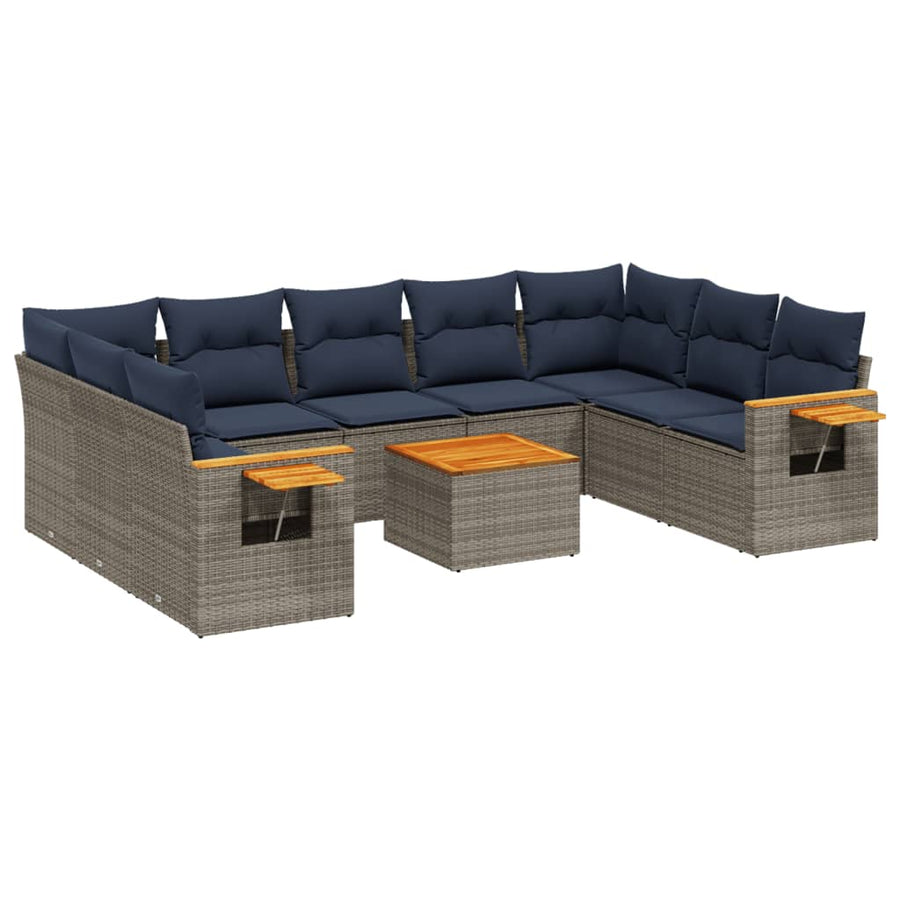 10-delige Loungeset met kussens poly rattan grijs