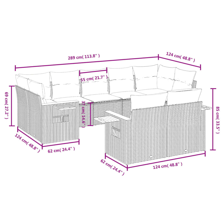 9-Delige Loungeset Met Kussens Poly Rattan Zwart