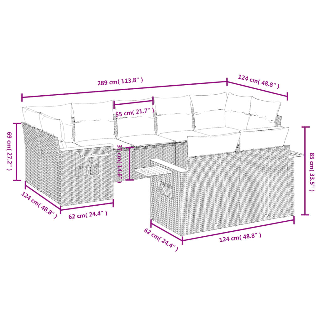 9-Delige Loungeset Met Kussens Poly Rattan Beige