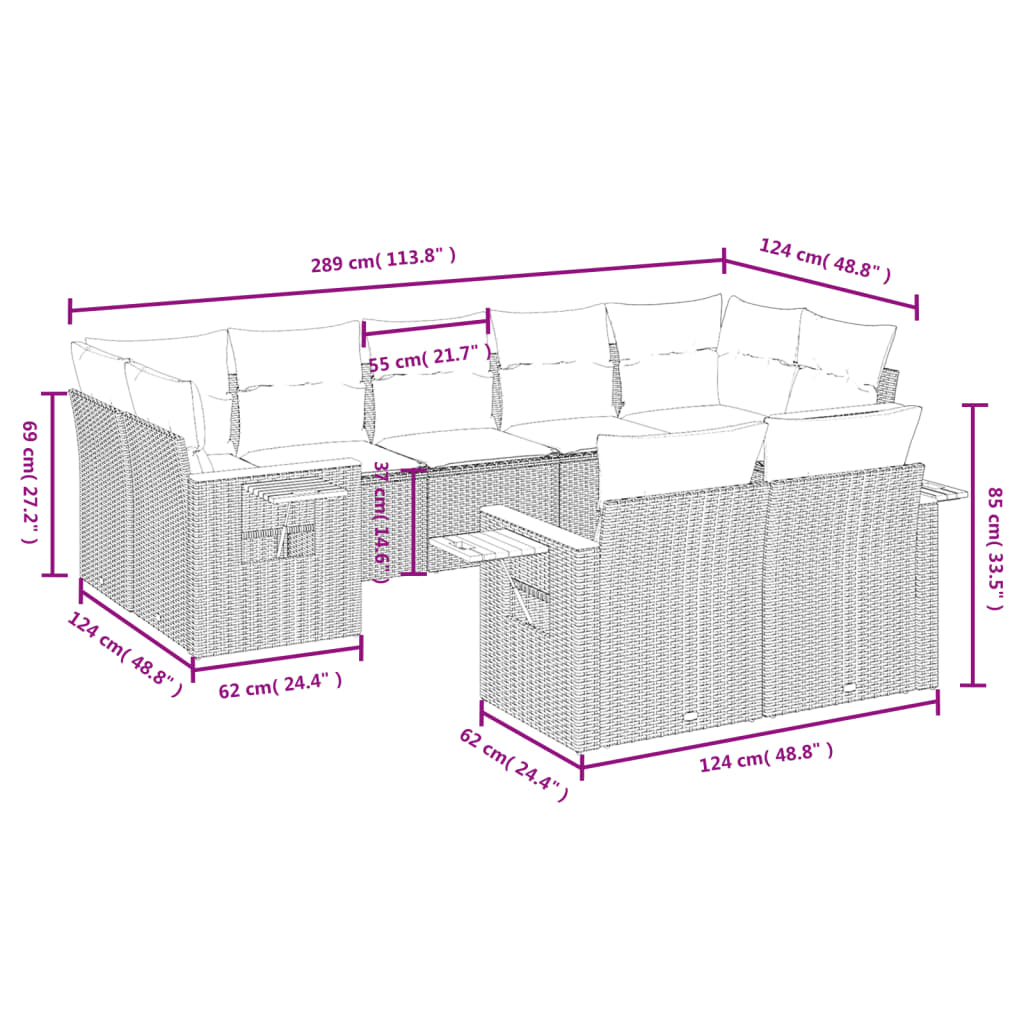 9-Delige Loungeset Met Kussens Poly Rattan Beige