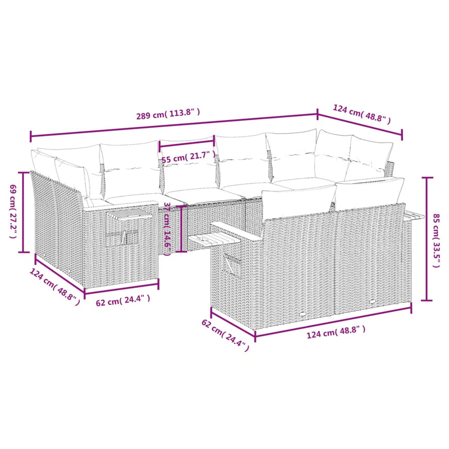 9-Delige Loungeset Met Kussens Poly Rattan Grijs