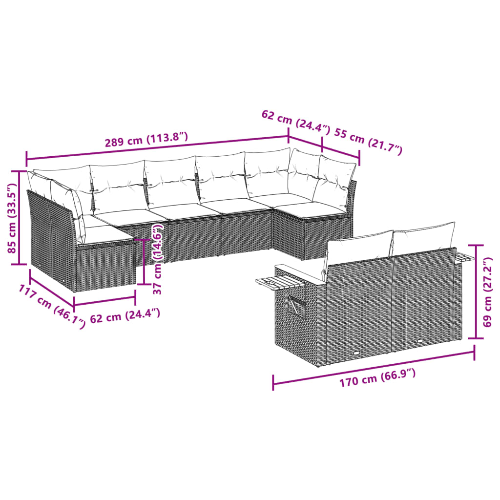 9-delige Loungeset met kussens poly rattan grijs