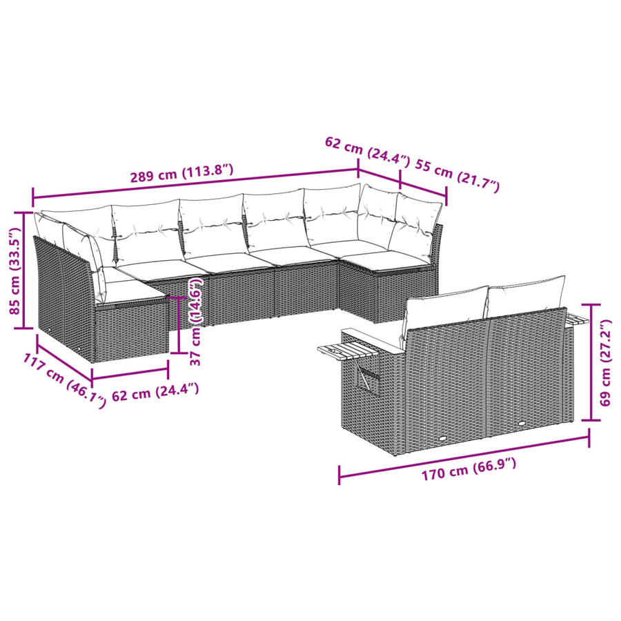 9-delige Loungeset met kussens poly rattan grijs