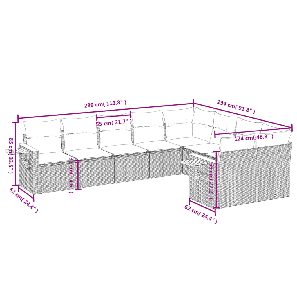 9-Delige Loungeset Met Kussens Poly Rattan 1 Zwart