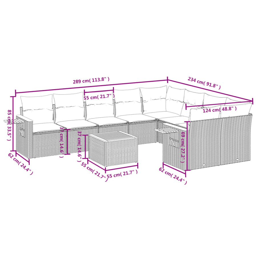 10-Delige Loungeset Met Kussens Poly Rattan Zwart