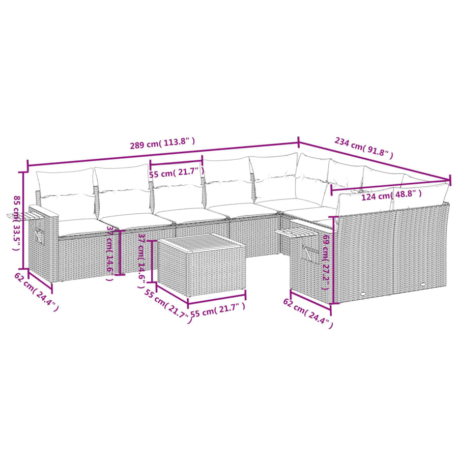 10-Delige Loungeset Met Kussens Poly Rattan Zwart