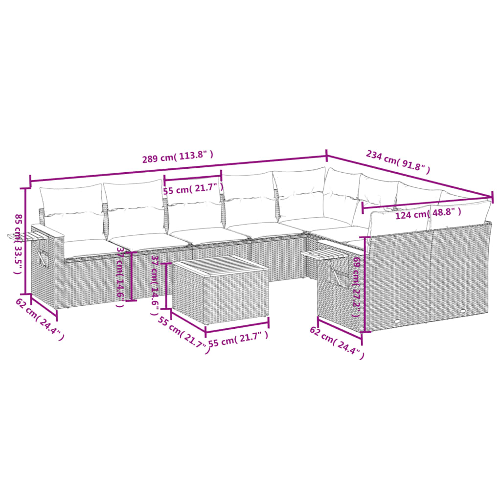 10-Delige Loungeset Met Kussens Poly Rattan Beige