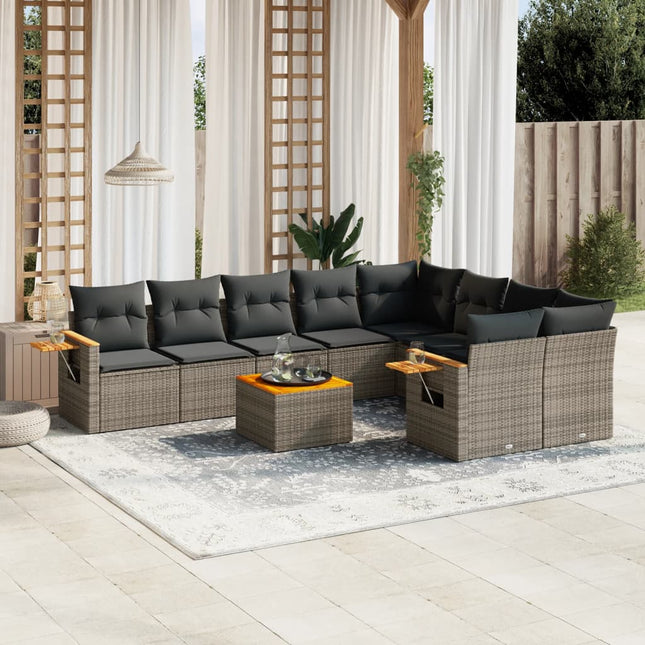 10-Delige Loungeset Met Kussens Poly Rattan Grijs