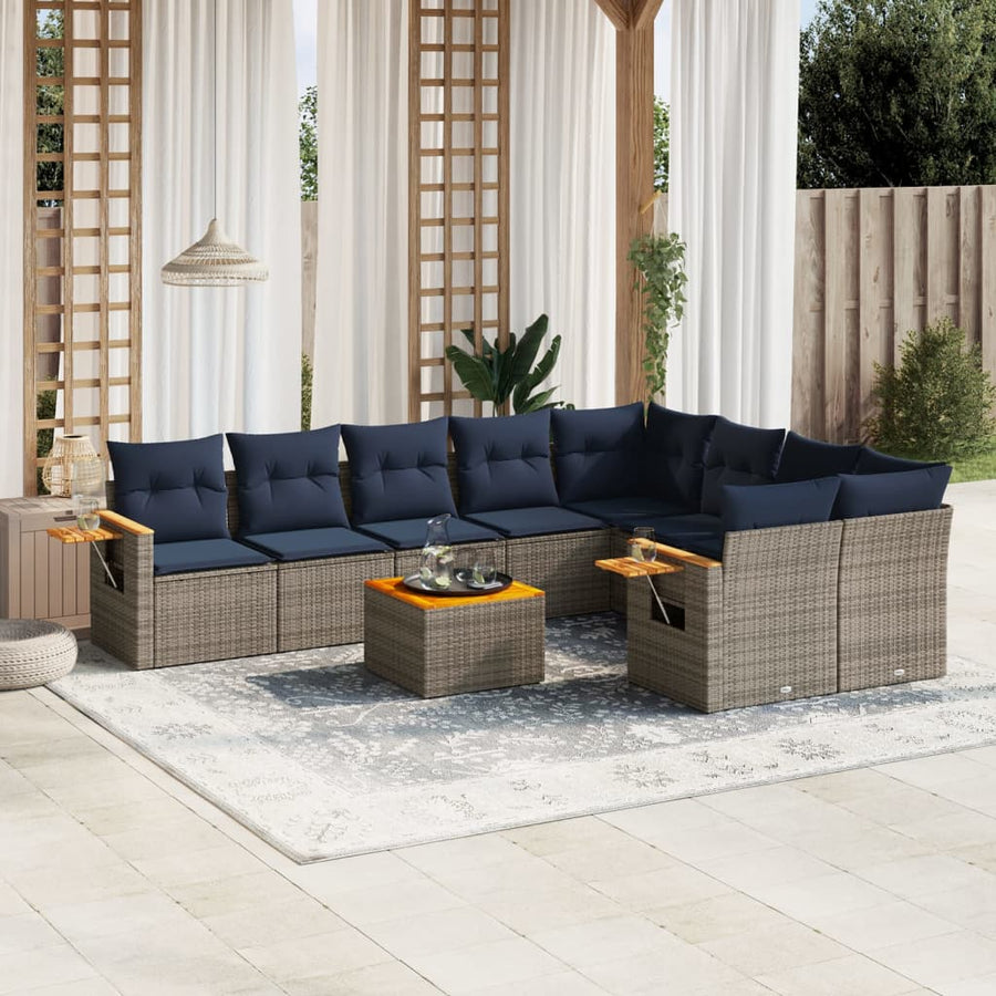 10-delige Loungeset met kussens poly rattan grijs