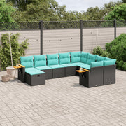 Loungeset 10-delig poly rattan zwart met kussens