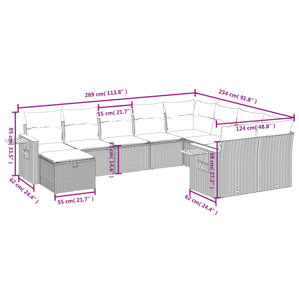 10-Delige Loungeset Met Kussens Poly Rattan Beige