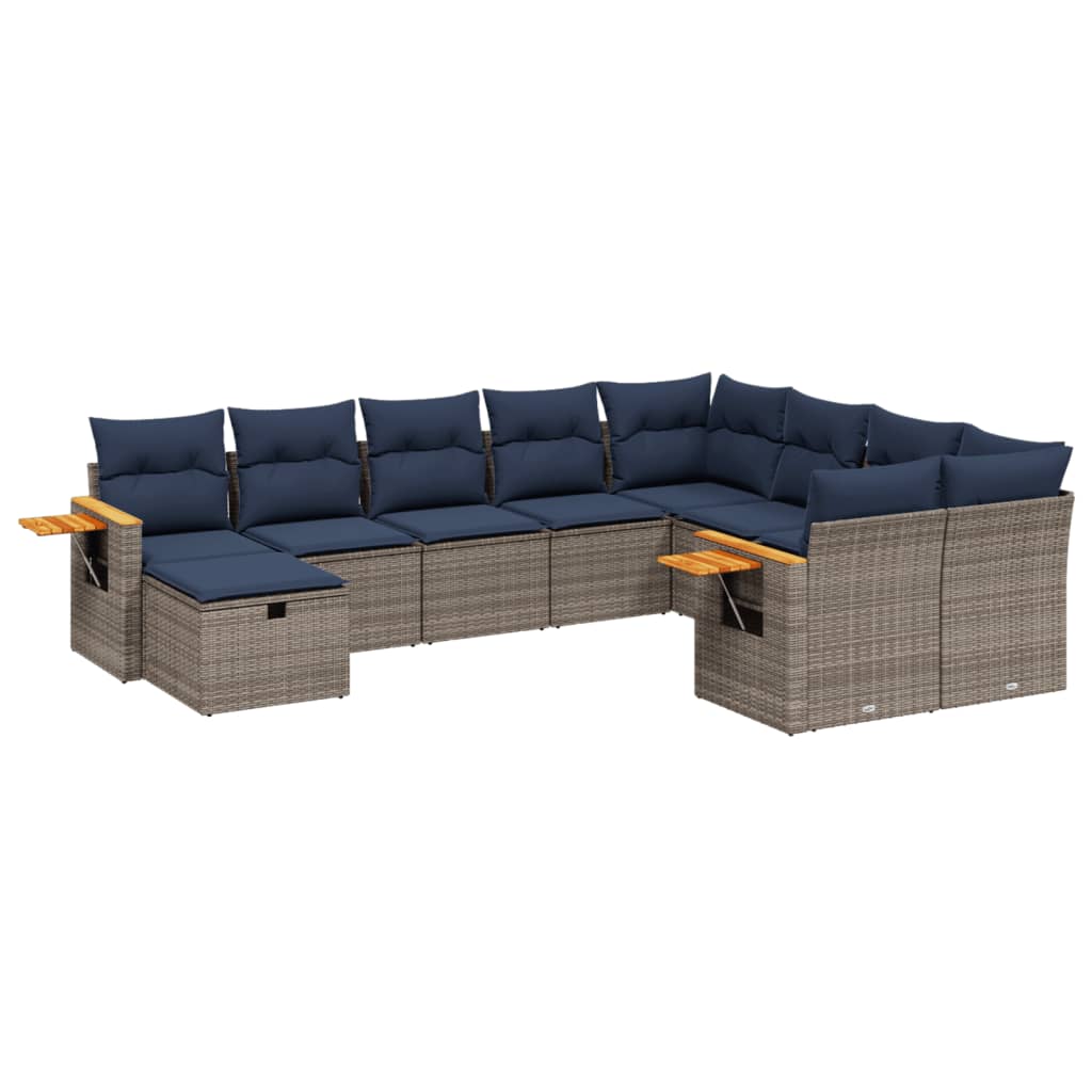 10-delige Loungeset met kussens poly rattan grijs