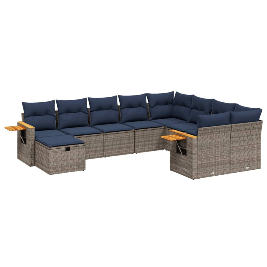 10-delige Loungeset met kussens poly rattan grijs