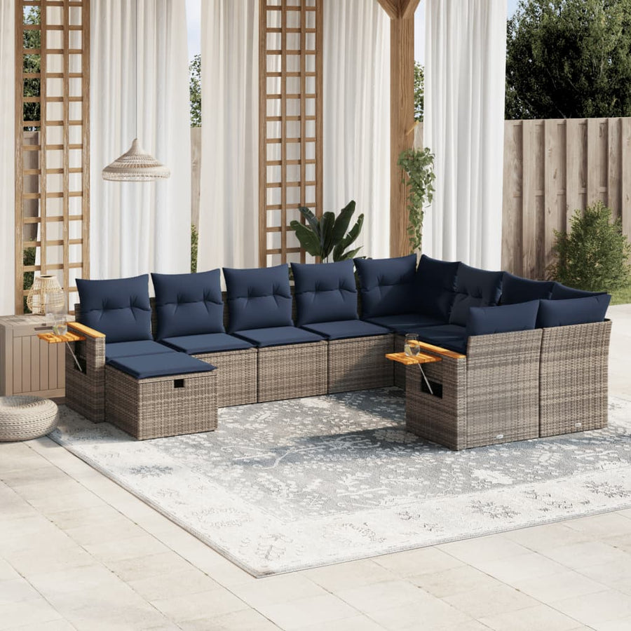 10-delige Loungeset met kussens poly rattan grijs