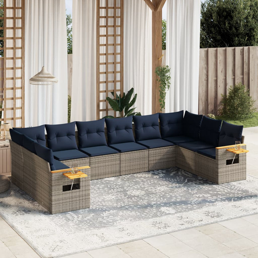 10-delige Loungeset met kussens poly rattan grijs
