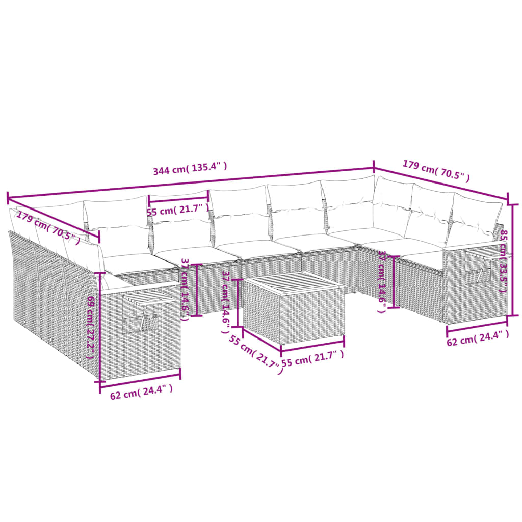 11-Delige Tuinset Met Kussens Poly Rattan Beige