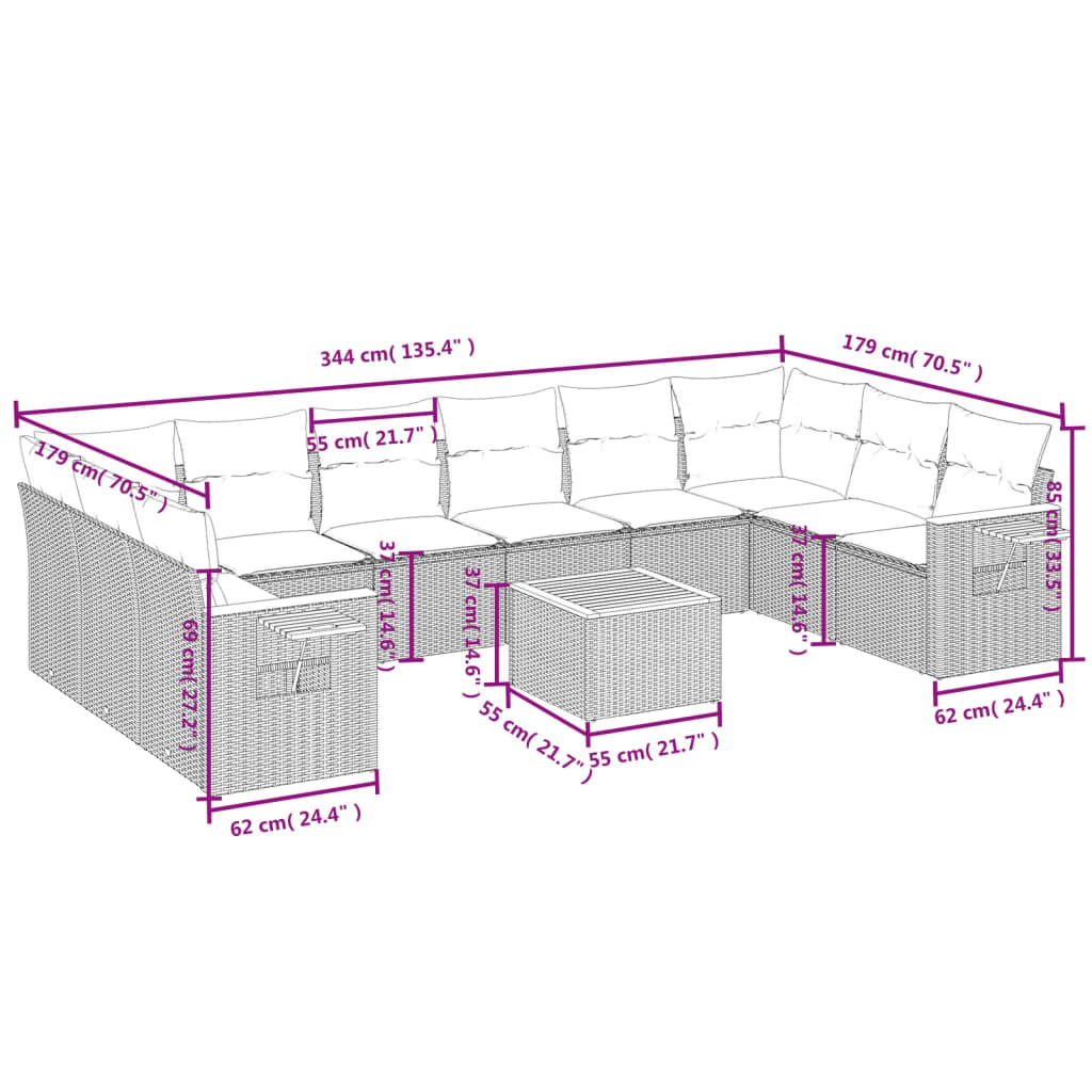 11-delige Loungeset met kussens poly rattan grijs