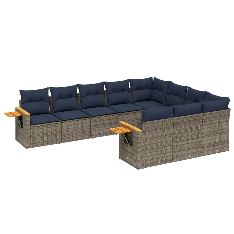10-delige Loungeset met kussens poly rattan grijs