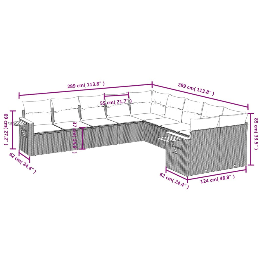 10-Delige Loungeset Met Kussens Poly Rattan Zwart