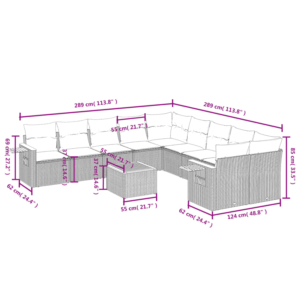 11-delige Loungeset met kussens poly rattan grijs