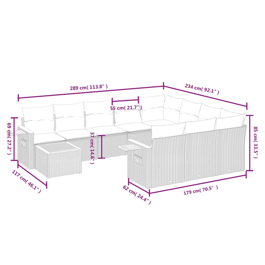 11-Delige Loungeset Met Kussens Poly Rattan
