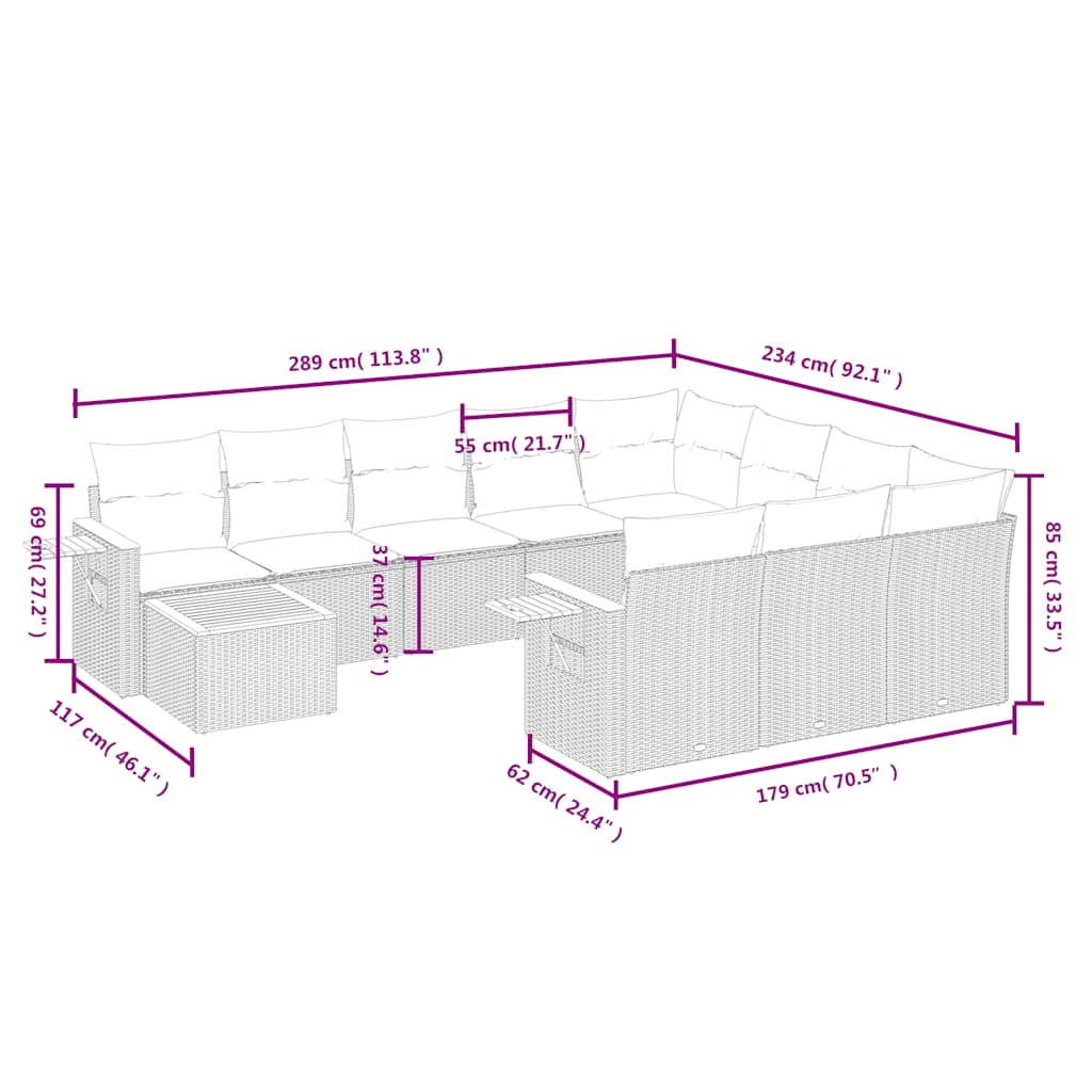 11-delige Loungeset met kussens poly rattan grijs