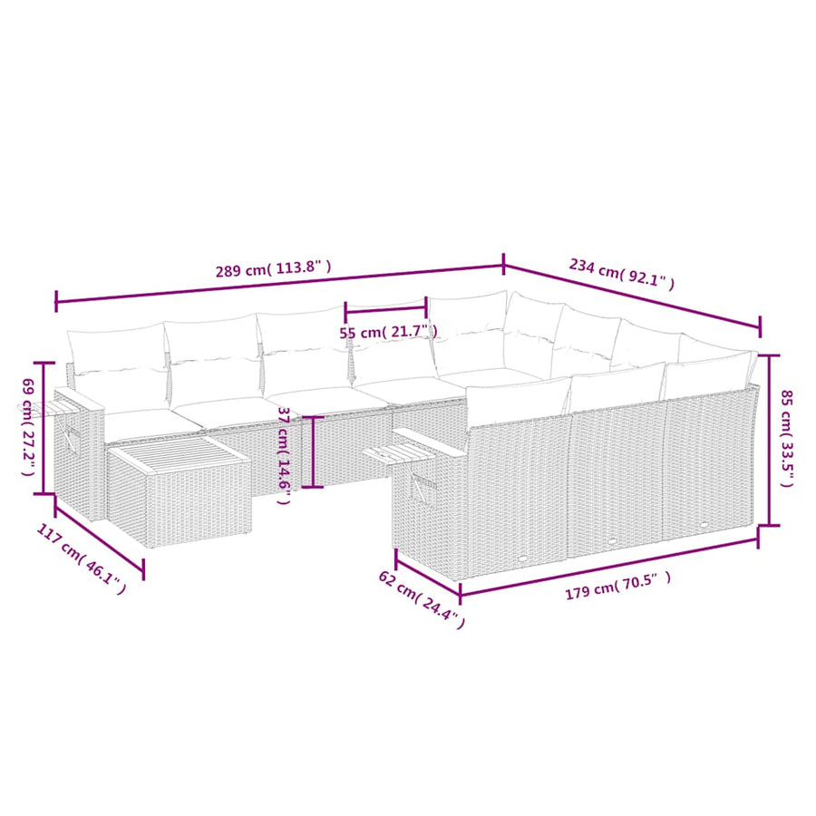 11-delige Loungeset met kussens poly rattan grijs