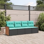 4-piece garden sofa set with cushions, black poly rattan