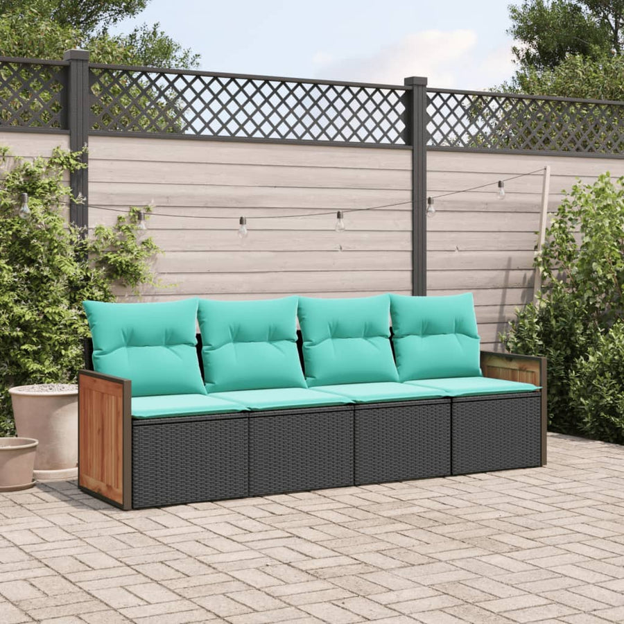 4-delige tuinbankset met kussens, zwart polyrotan