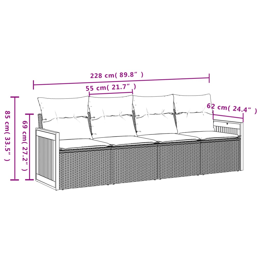 4-delige tuinbankset met kussens, grijs polyrotan