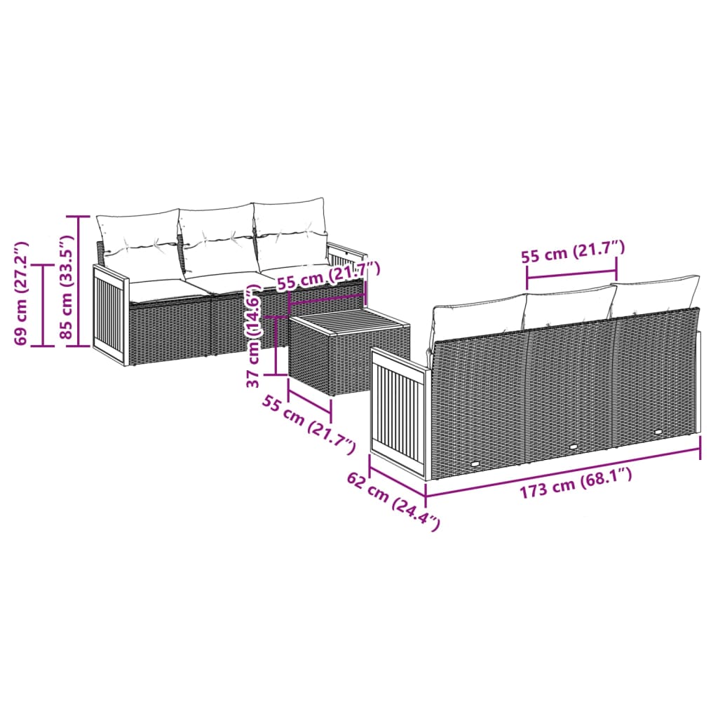 7-delige Loungeset met kussens poly rattan beige