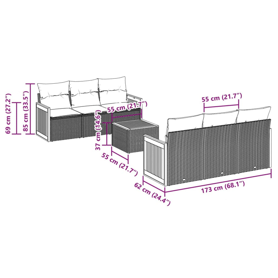 7-delige Loungeset met kussens poly rattan beige