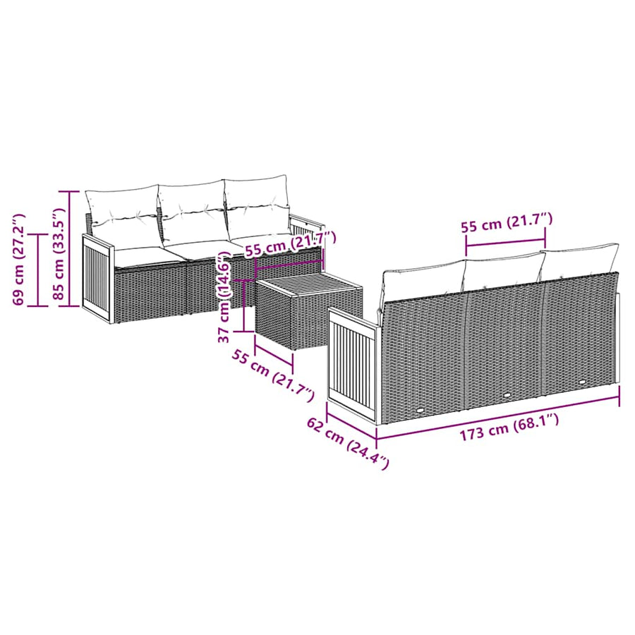 7-delige tuinbankset met kussens, grijs polyrotan