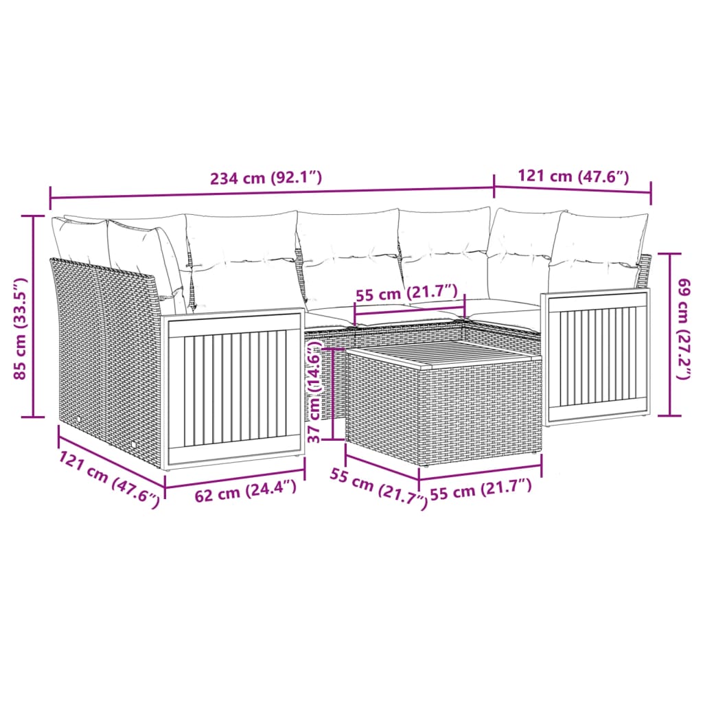 7-delige Loungeset met kussens poly rattan beige