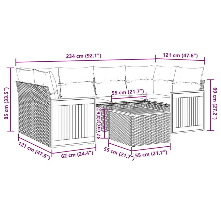 7-delige Loungeset met kussens poly rattan beige