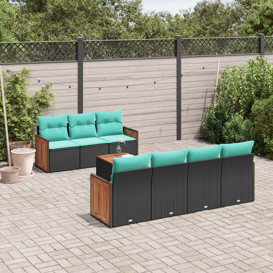 8-delige tuinbankset met kussens, zwart polyrotan