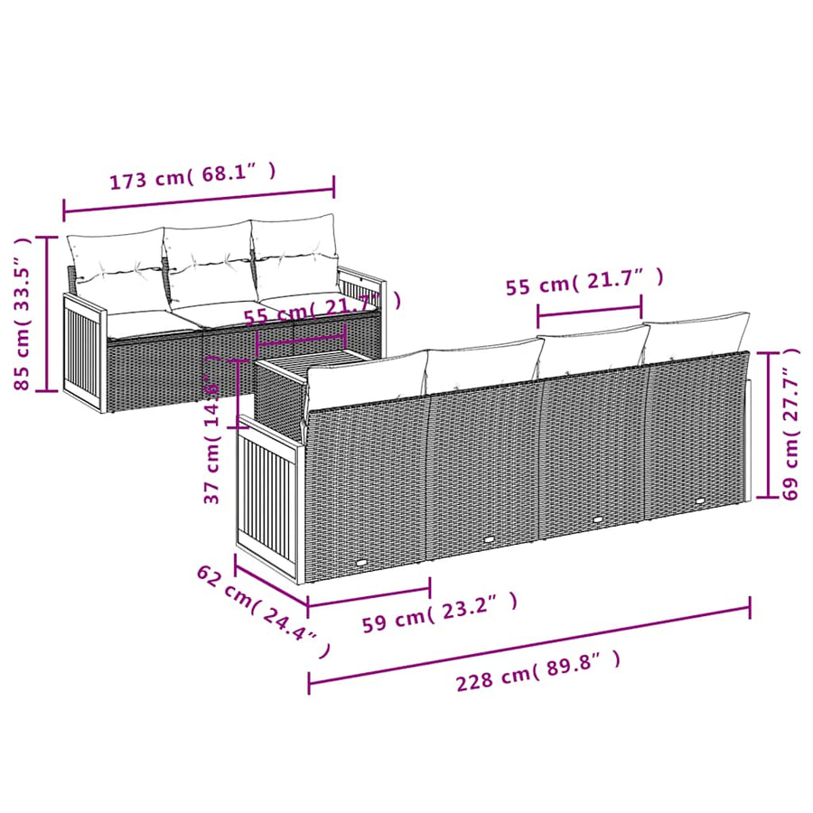 8-delige tuinbankset met kussens, grijs polyrotan