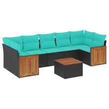 8-delige tuinbankset met kussens, zwart polyrotan