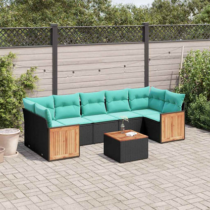 8-delige tuinbankset met kussens, zwart polyrotan