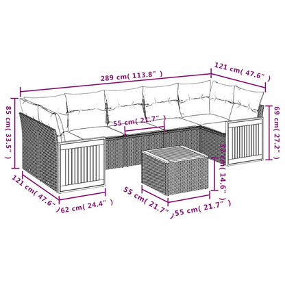 8-delige tuinbankset met kussens, grijs polyrotan