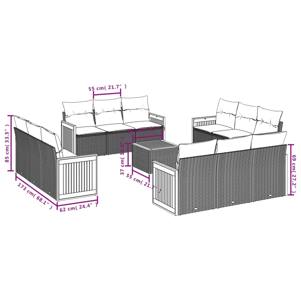 13-delige tuinbankset met kussens van zwart polyrotan