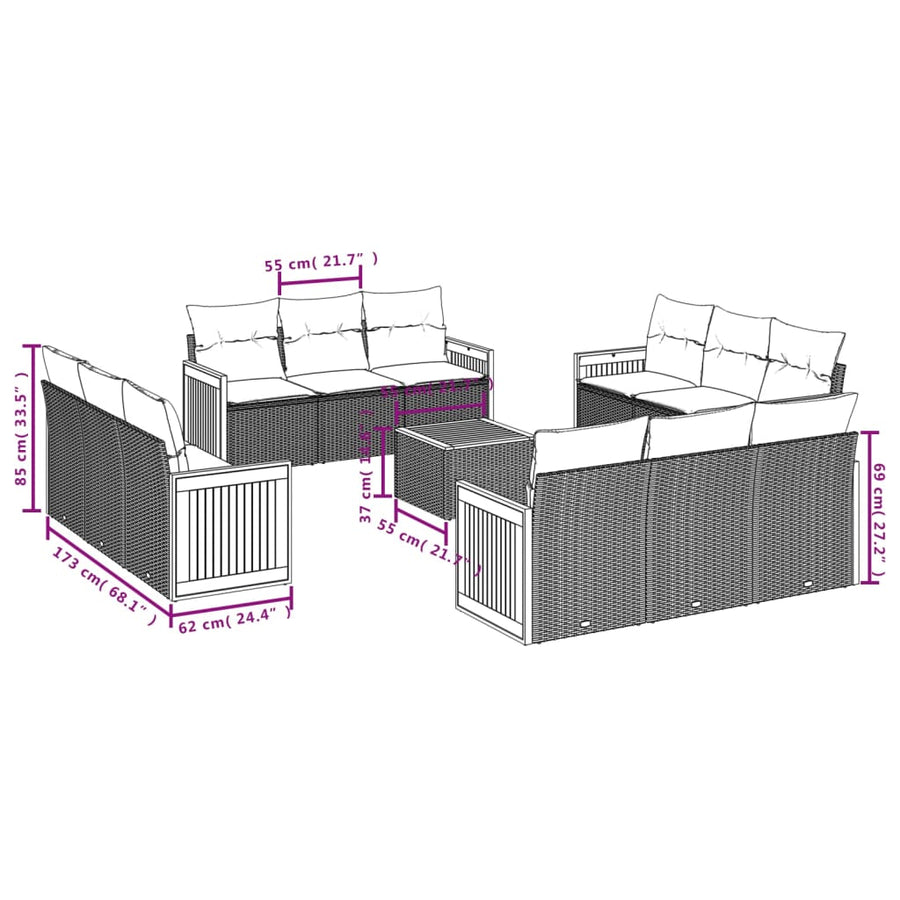 13-Delige Loungeset Met Kussens Poly Rattan Beige