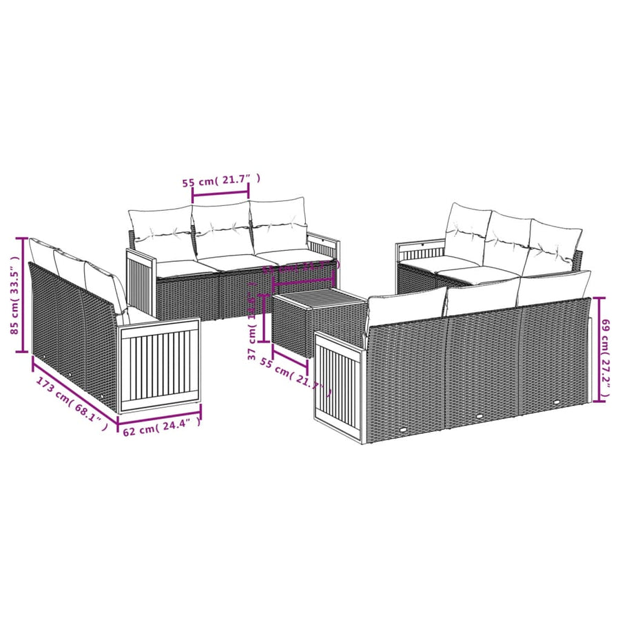 13-delige tuinbankset met kussens, grijs polyrotan