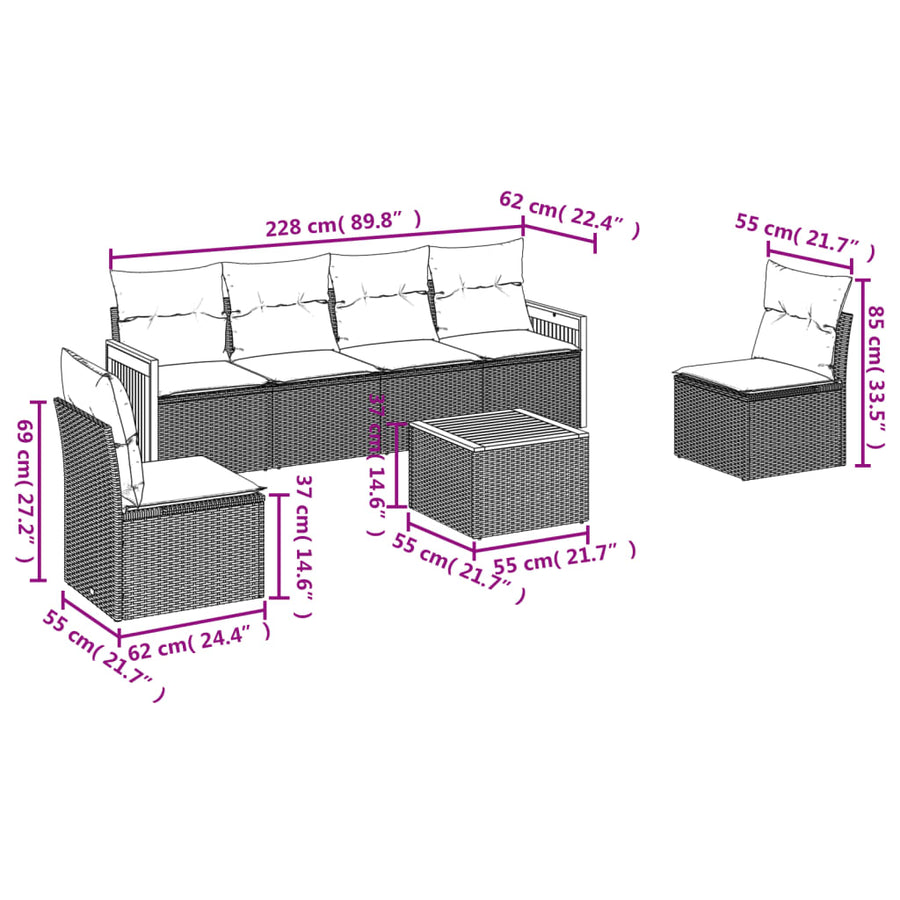 7-Delige Loungeset Met Kussens Poly Rattan Grijs