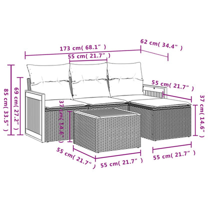 5-Delige Loungeset Met Kussens Poly Rattan Grijs