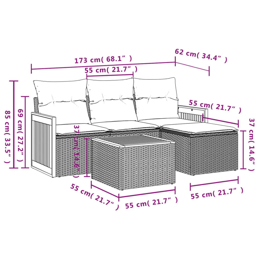 5-Delige Loungeset Met Kussens Poly Rattan Grijs