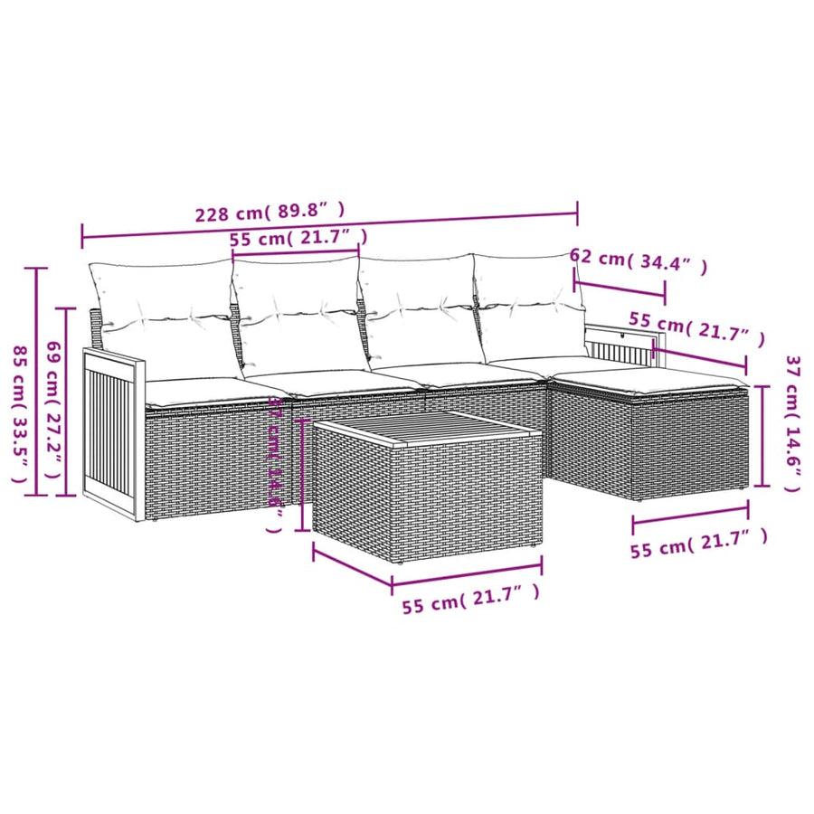6-delige Loungeset met kussens poly rattan beige