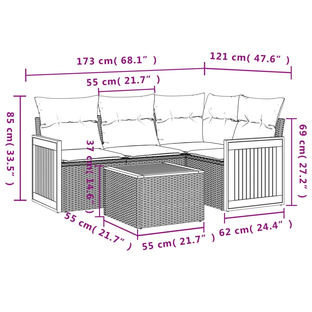 5-Delige Loungeset Met Kussens Poly Rattan Zwart
