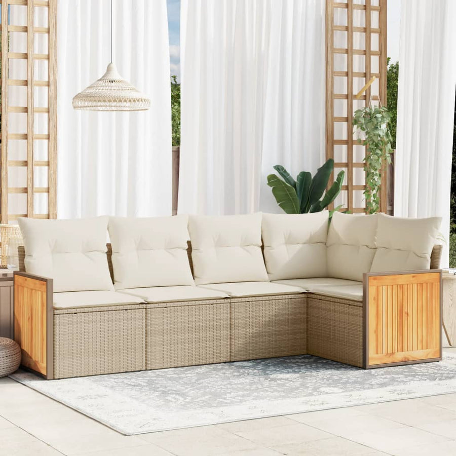 5-delige Loungeset met kussens poly rattan beige